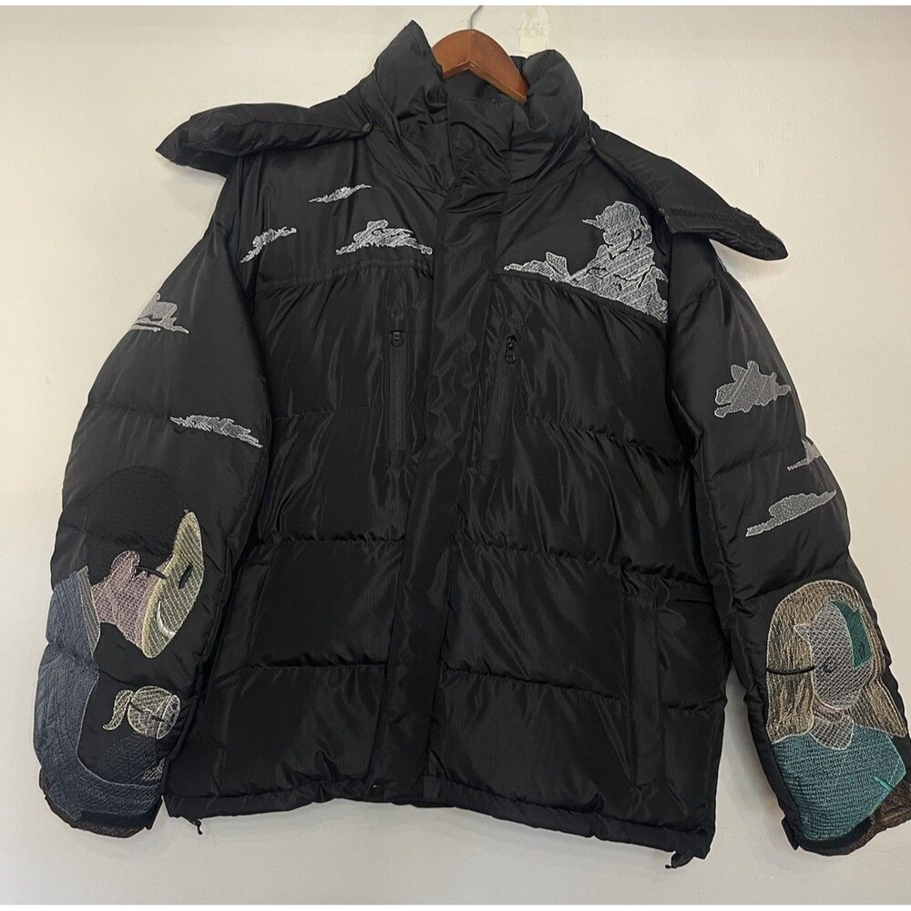 Derschutze Men's Large Black Puffer Jacket Snap On Hood ZIPPER BROKEN